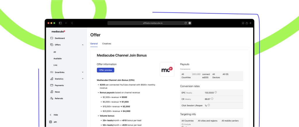 Offer 1 “Mediacube Channel Join Bonus (CPA)”